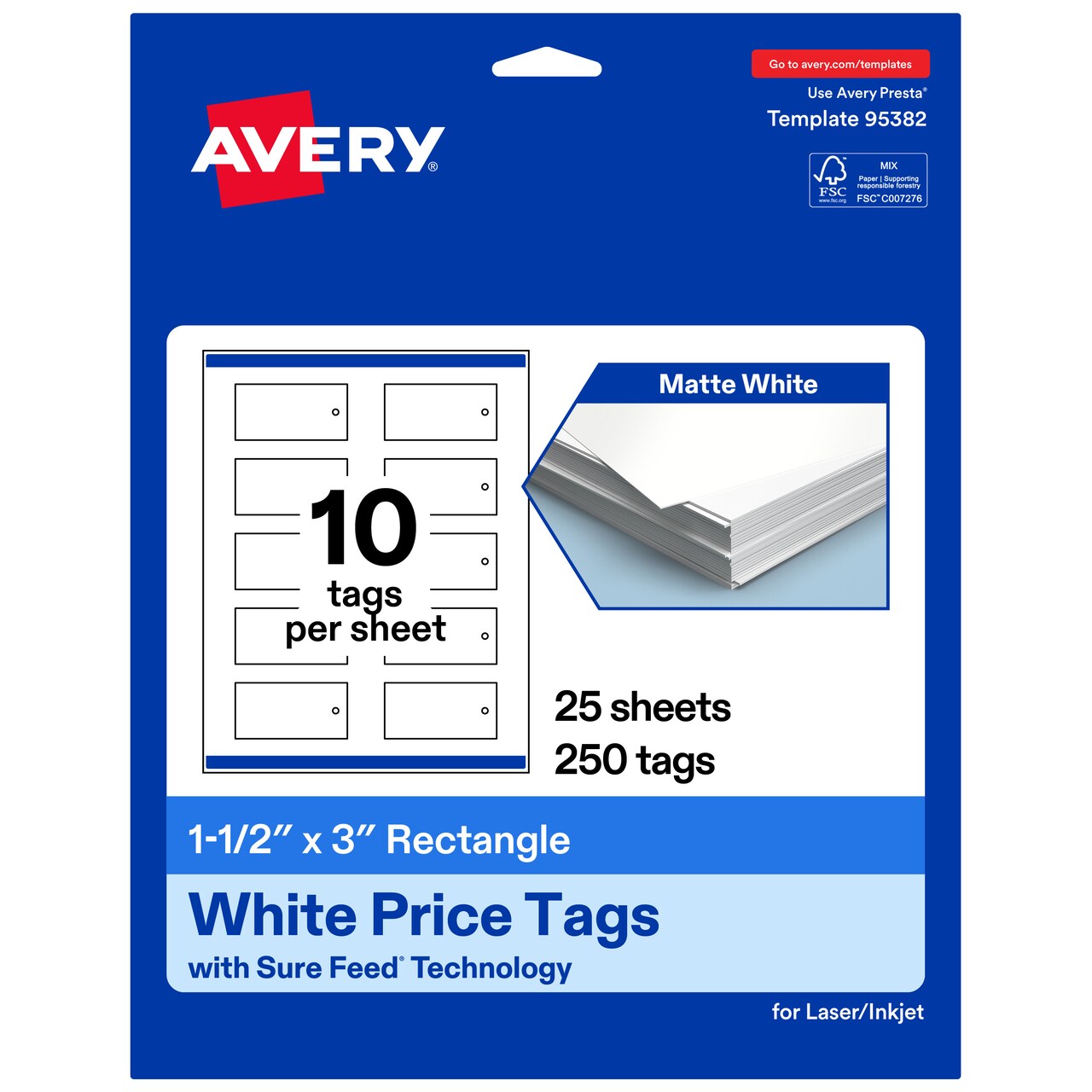 Avery Printable Rectangle Price Tags, Sure Feed Technology, 1-1/2" x 3", Matte White Cardstock, Print-to-The-Edge, Laser/Inkjet Printable, 100 Total
